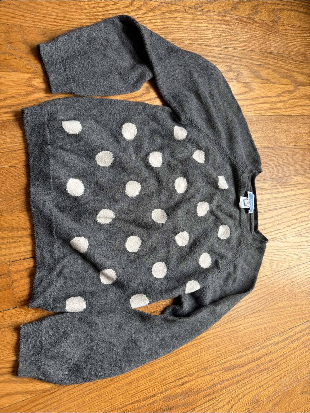 Jacadi gray crewneck knit sweater featuring white polka dot pattern, size 6A